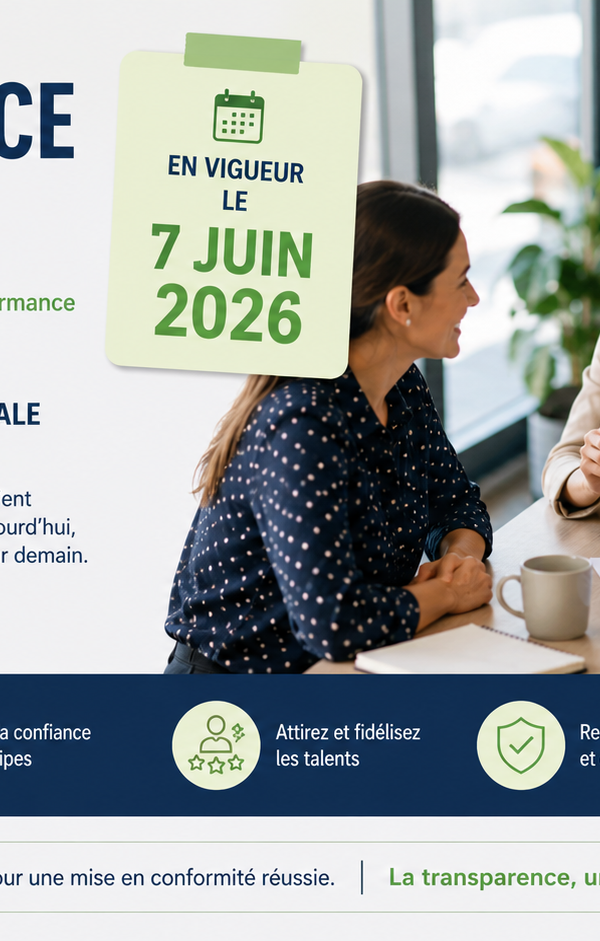 Illustration professionnelle représentant la transparence salariale dans les PME à l’approche de son entrée en vigueur en juin 2026. Des collaborateurs échangent autour d’un tableau affichant des grilles de rémunération dans un environnement de bureau moderne. L’image met en avant l’équité salariale, la conformité réglementaire et la communication des salaires au sein des entreprises.