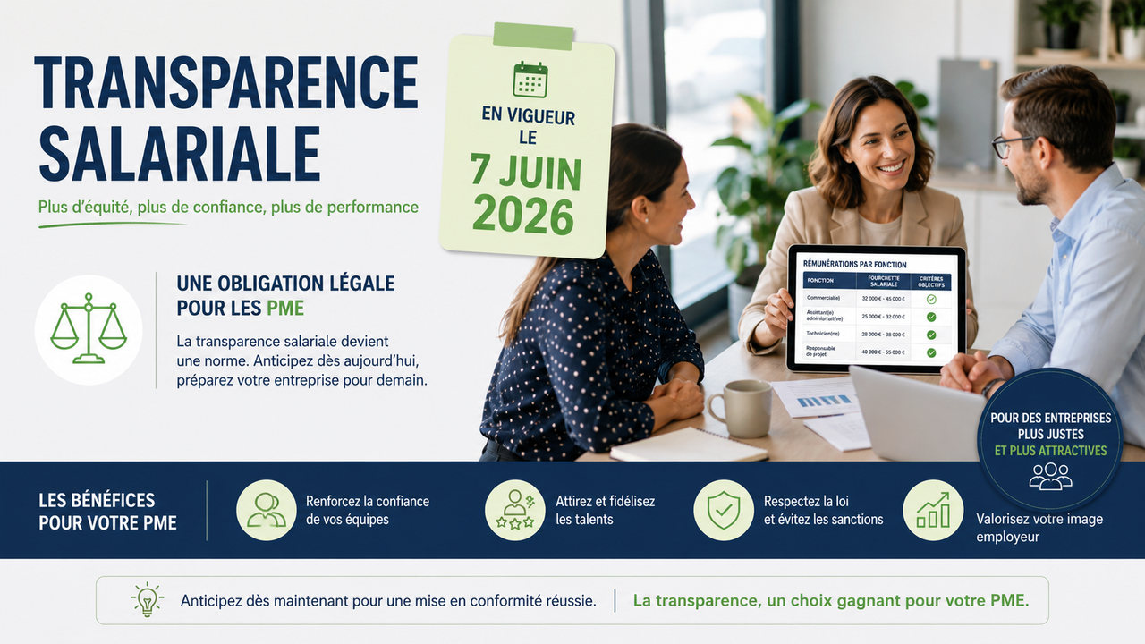 Illustration professionnelle représentant la transparence salariale dans les PME à l’approche de son entrée en vigueur en juin 2026. Des collaborateurs échangent autour d’un tableau affichant des grilles de rémunération dans un environnement de bureau moderne. L’image met en avant l’équité salariale, la conformité réglementaire et la communication des salaires au sein des entreprises.