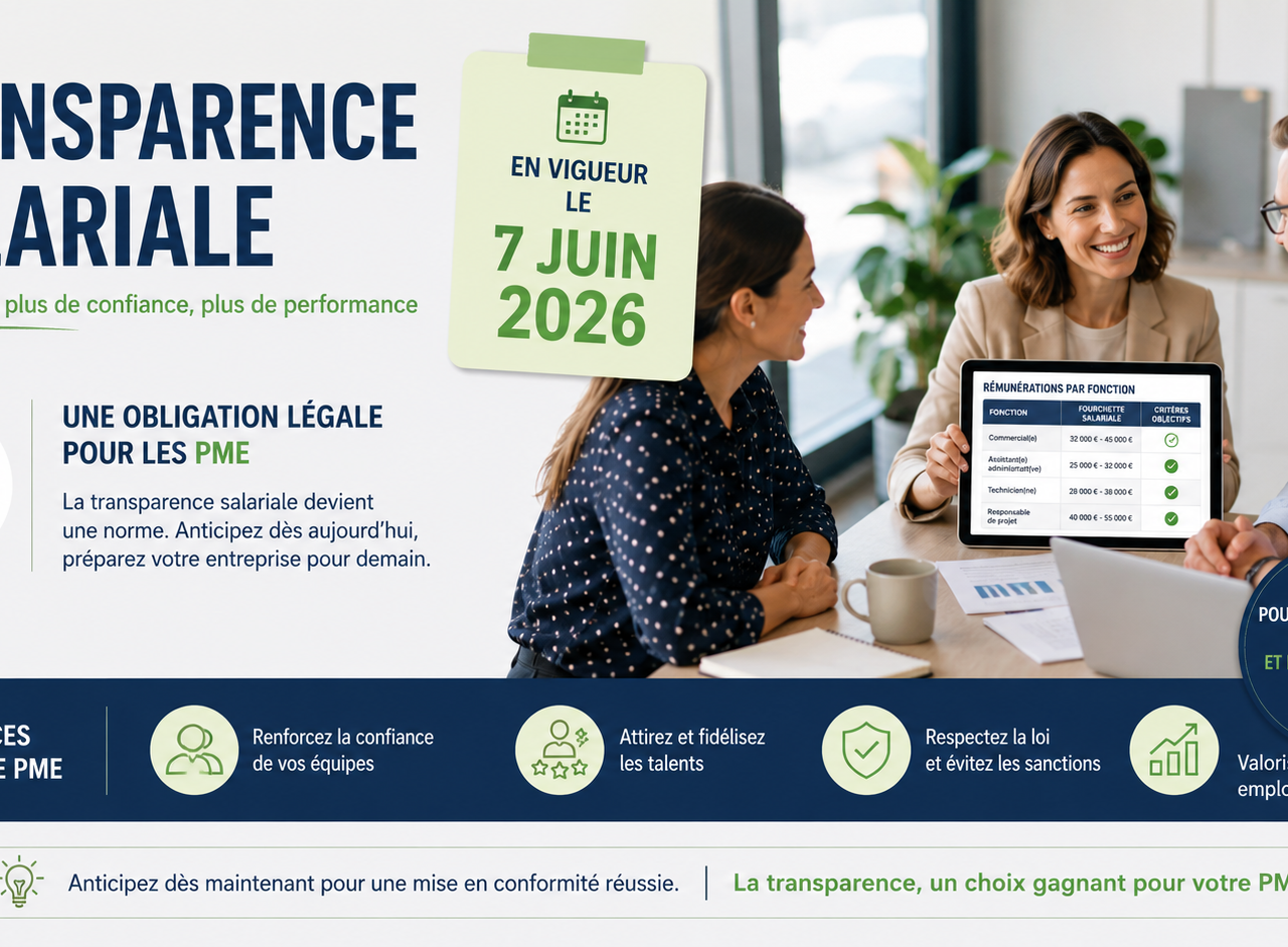 Illustration professionnelle représentant la transparence salariale dans les PME à l’approche de son entrée en vigueur en juin 2026. Des collaborateurs échangent autour d’un tableau affichant des grilles de rémunération dans un environnement de bureau moderne. L’image met en avant l’équité salariale, la conformité réglementaire et la communication des salaires au sein des entreprises.