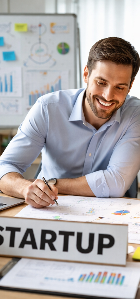 Création d’entreprise : deux entrepreneurs travaillent sur leur projet dans un bureau moderne, entre documents stratégiques, ordinateur portable et éléments de planification.