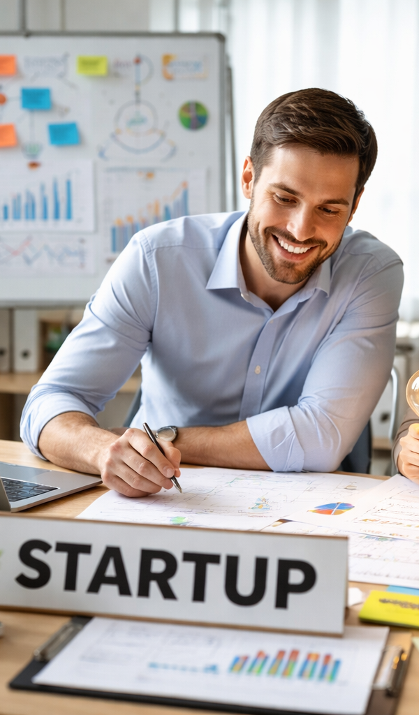 Création d’entreprise : deux entrepreneurs travaillent sur leur projet dans un bureau moderne, entre documents stratégiques, ordinateur portable et éléments de planification.
