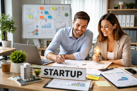 Création d’entreprise : deux entrepreneurs travaillent sur leur projet dans un bureau moderne, entre documents stratégiques, ordinateur portable et éléments de planification.