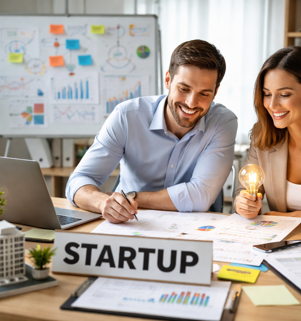 Création d’entreprise : deux entrepreneurs travaillent sur leur projet dans un bureau moderne, entre documents stratégiques, ordinateur portable et éléments de planification.