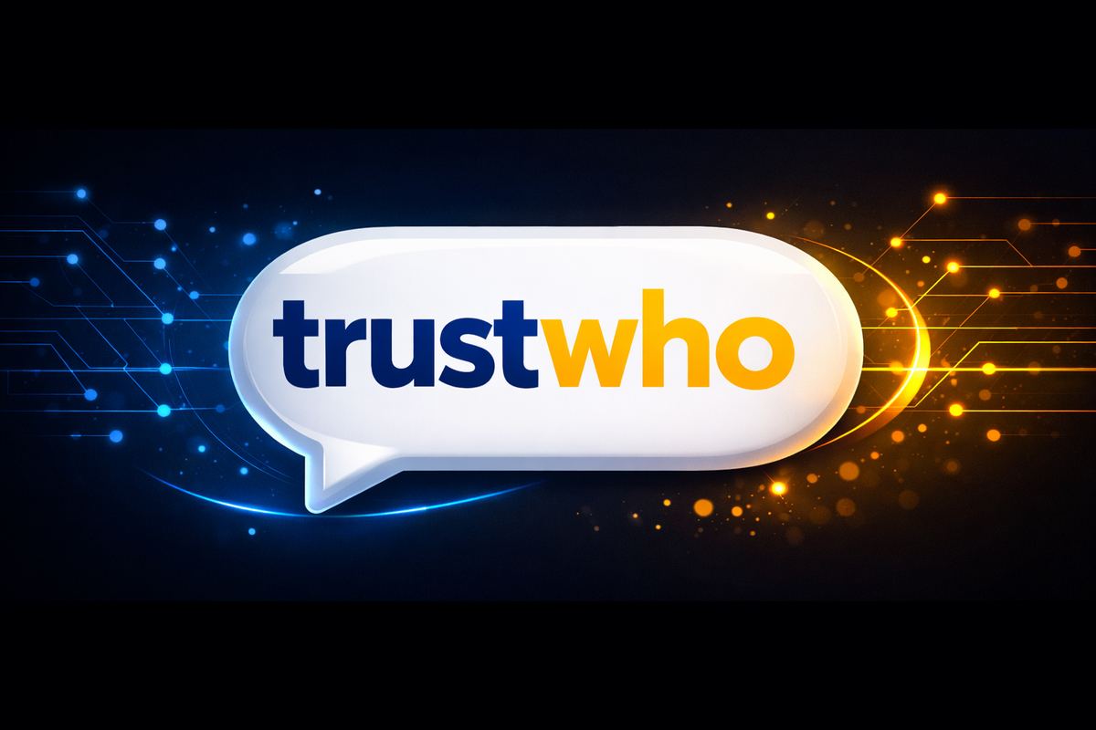 Logo Trustwho sur un fond noir et des motifs futuristes orange et bleu rappelant de label RFT innovant de cette entreprise