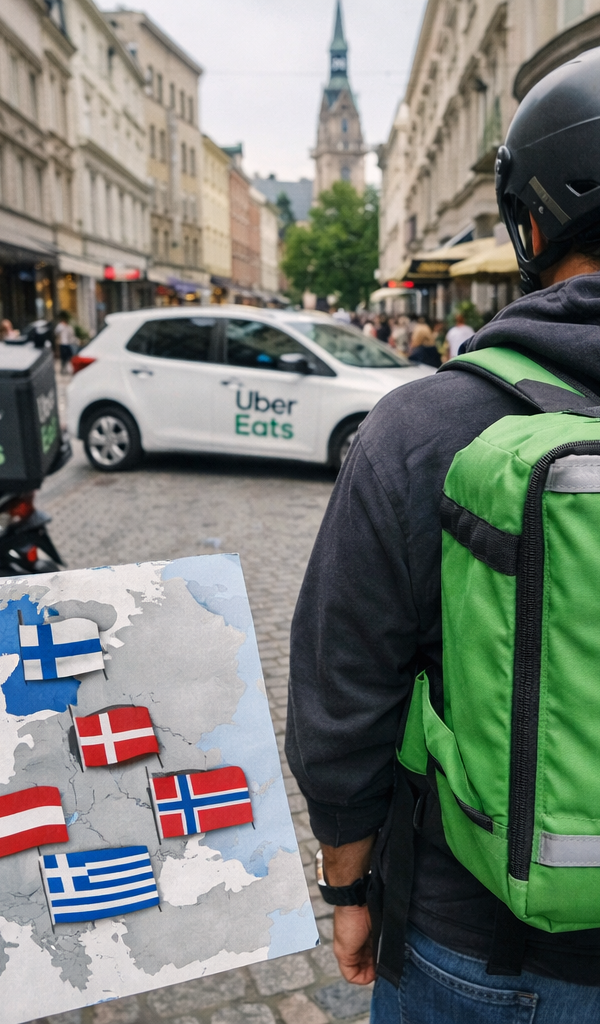 Coursier uber eats dans la rue en Europe avec une carte européenne ou uber va s’installer.