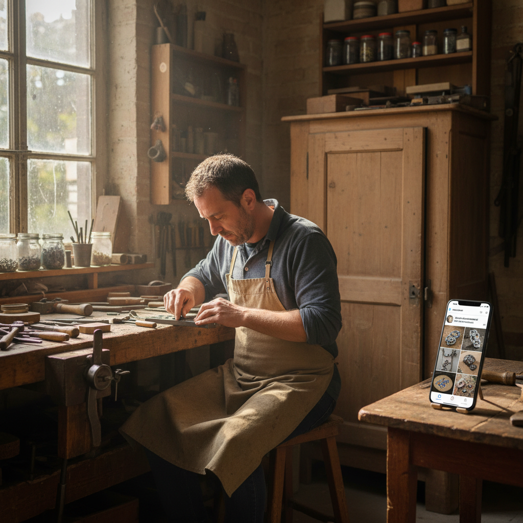 Une cliente souriante photographiant un produit artisanal fait main, symbolisant l'ugc pour les marques artisanales et l'engagement client.