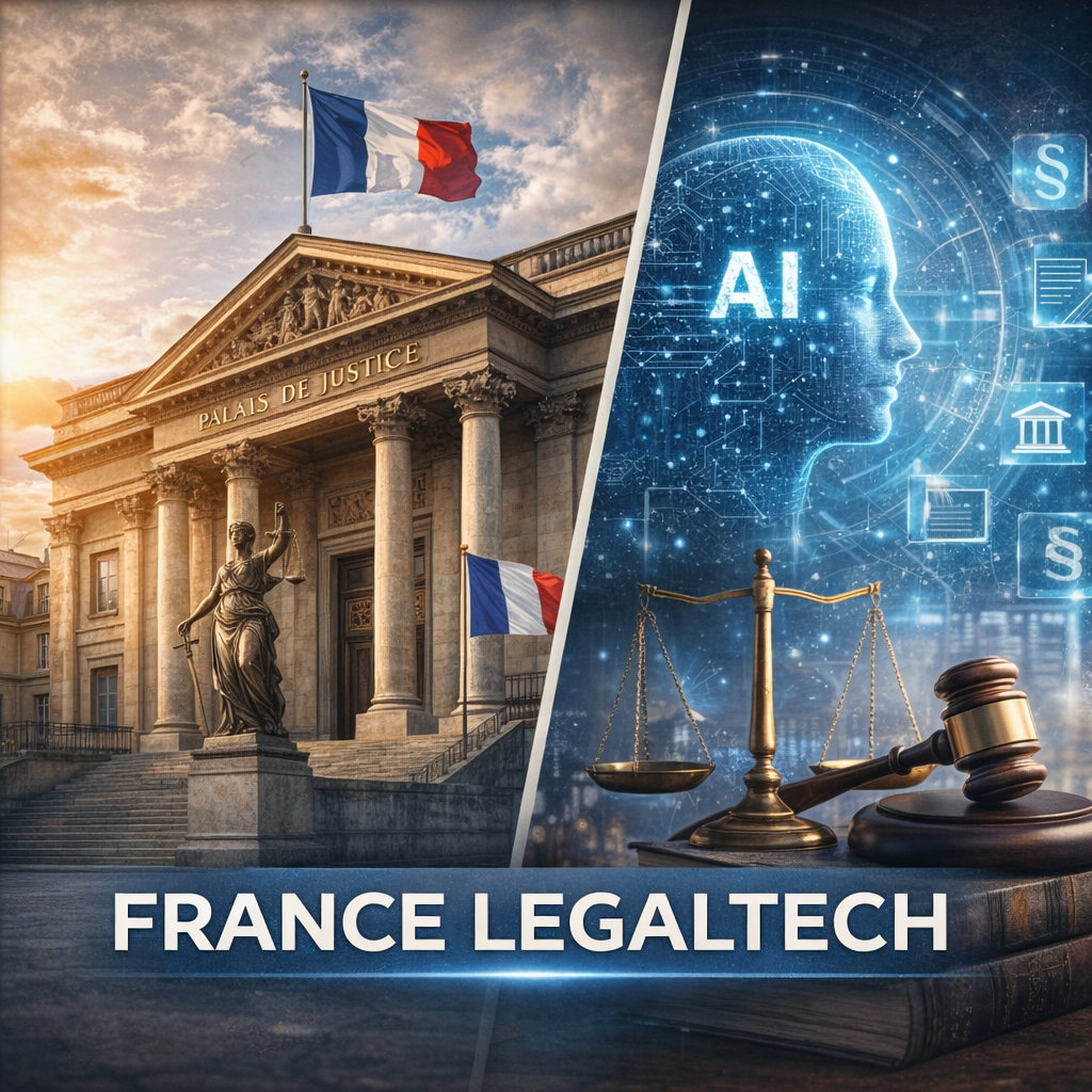 Balance de la justice stylisée avec des circuits imprimés lumineux, symbolisant l'impact de l'IA et de France Legaltech sur le droit des PME.