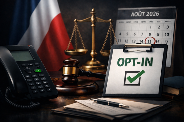 Illustration d'un calendrier affichant le 11 août 2026, symbolisant la fin du démarchage téléphonique traditionnel et l'émergence de nouvelles stratégies d'acquisition client.