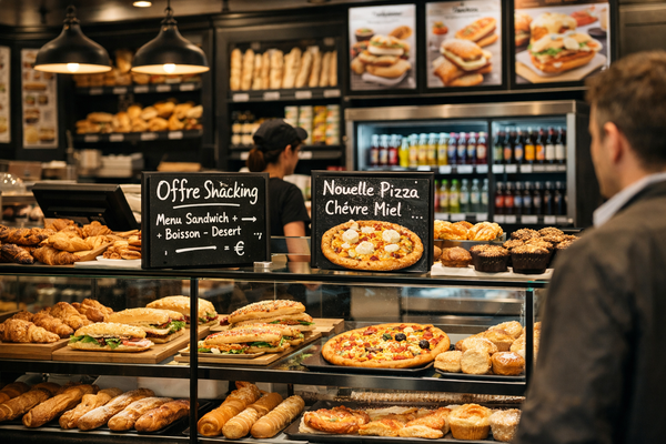 Vue d'une boulangerie Marie Blachère moderne, illustrant la stratégie Marie Blachère restauration axée sur le snacking et la concurrence avec le fast-food.