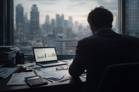 Un entrepreneur analyse un tableau de bord de trésorerie sur une tablette, planifiant la création entreprise 2026 et sa survie financière.