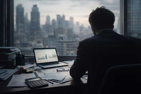 Un entrepreneur analyse un tableau de bord de trésorerie sur une tablette, planifiant la création entreprise 2026 et sa survie financière.
