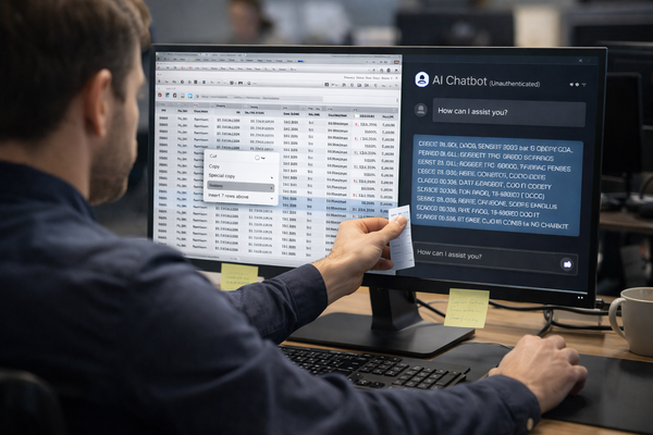 Illustration d'un employé utilisant secrètement une IA sur son ordinateur, symbolisant le risque de Shadow IA en entreprise et la fuite de données confidentielles.