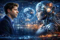 Un individu unique, l'architecte de la Licorne Solo, orchestrant des flux de données complexes et des réseaux neuronaux sur des écrans holographiques, symbolisant la gestion d'une entreprise milliardaire par un seul humain grâce à la superintelligence IA.