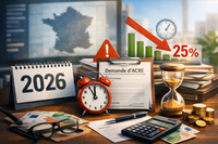 Illustration d'un entrepreneur devant un tableau de bord financier avec le logo ACRE 2026, symbolisant la stratégie et l'optimisation.