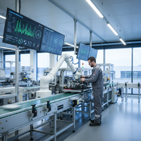 Usine moderne avec robots collaboratifs et capteurs IoT, symbolisant l'innovation des pme françaises robotique iot.