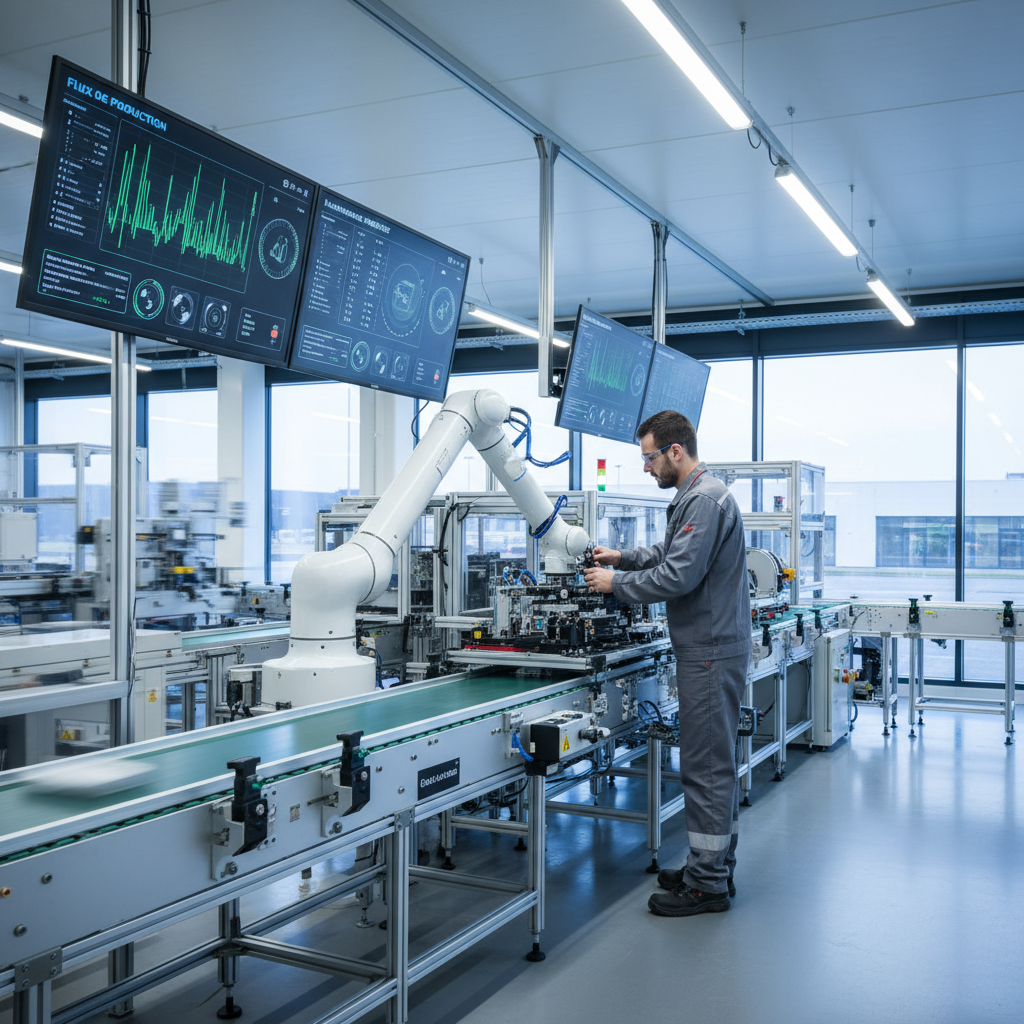 Usine moderne avec robots collaboratifs et capteurs IoT, symbolisant l'innovation des pme françaises robotique iot.