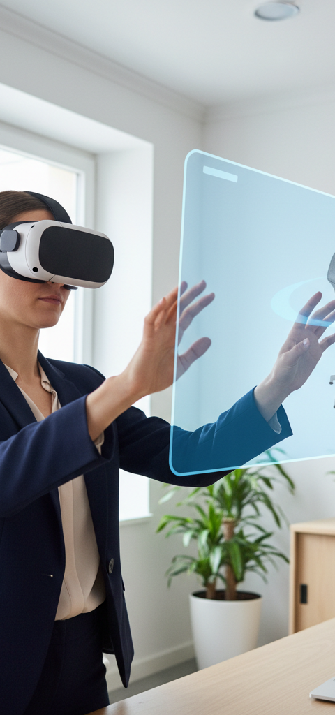Une personne utilisant un casque de réalité augmentée pour visualiser un canapé virtuel dans son salon, illustrant le potentiel du V-Commerce PME Vision pour le commerce de détail immersif.