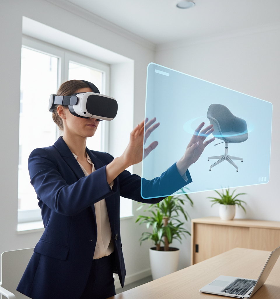 Une personne utilisant un casque de réalité augmentée pour visualiser un canapé virtuel dans son salon, illustrant le potentiel du V-Commerce PME Vision pour le commerce de détail immersif.
