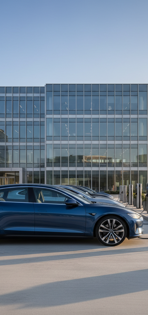 véhicule électrique entreprise — Flotte de véhicules électriques d'entreprise garés devant un bâtiment moderne,