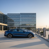 véhicule électrique entreprise — Flotte de véhicules électriques d'entreprise garés devant un bâtiment moderne,