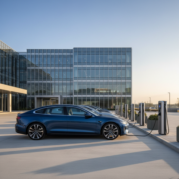 véhicule électrique entreprise — Flotte de véhicules électriques d'entreprise garés devant un bâtiment moderne,