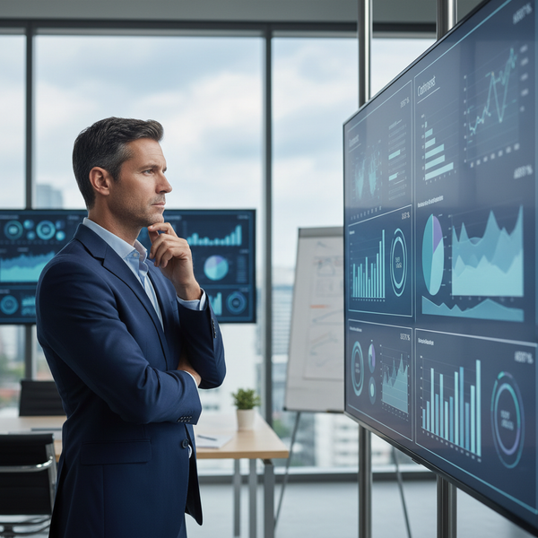 Illustration d'un dirigeant de PME analysant des données sur un écran, symbolisant la veille concurrentielle PME et l'intelligence économique.