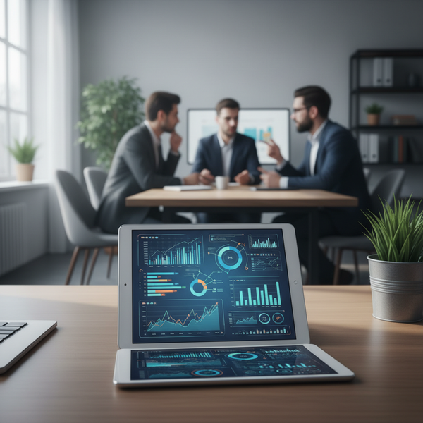 Illustration d'une loupe analysant des graphiques et des données, symbolisant la veille concurrentielle PME et l'analyse stratégique pour les entreprises.