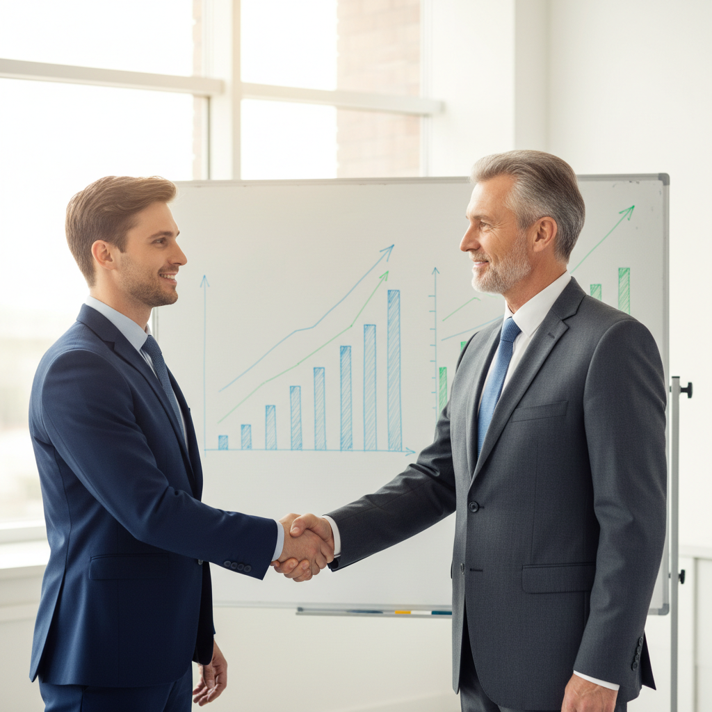 Graphique illustrant l'évolution des multiples de valorisation pour vendre une PME en 2026, avec des flèches montantes et descendantes, et des silhouettes de dirigeants se serrant la main.