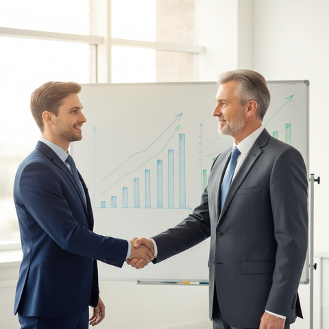 Graphique illustrant l'évolution des multiples de valorisation pour vendre une PME en 2026, avec des flèches montantes et descendantes, et des silhouettes de dirigeants se serrant la main.