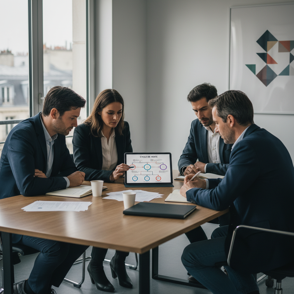 Illustration d'un graphique de cycle de vente complexe avec des flèches entrelacées, symbolisant la Vente B2B complexe et les défis des PME en 2026.