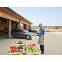 Producteurs et consommateurs interagissant dans un drive fermier moderne, symbolisant la vente directe et la rentabilité des canaux en 2026.