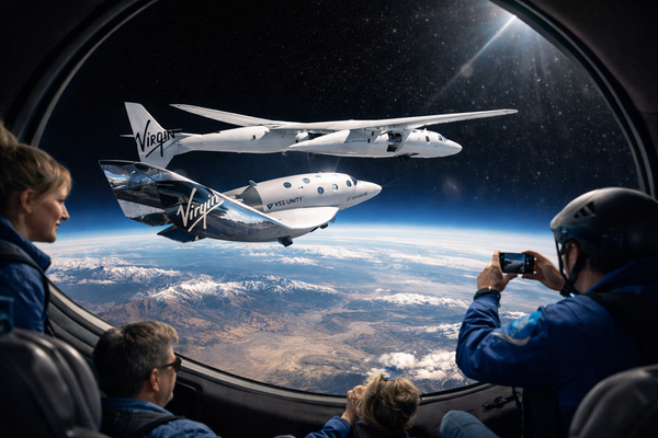 Illustration d'un vaisseau spatial Virgin Galactic en vol, symbolisant la vente vols Virgin et le tourisme spatial de luxe.