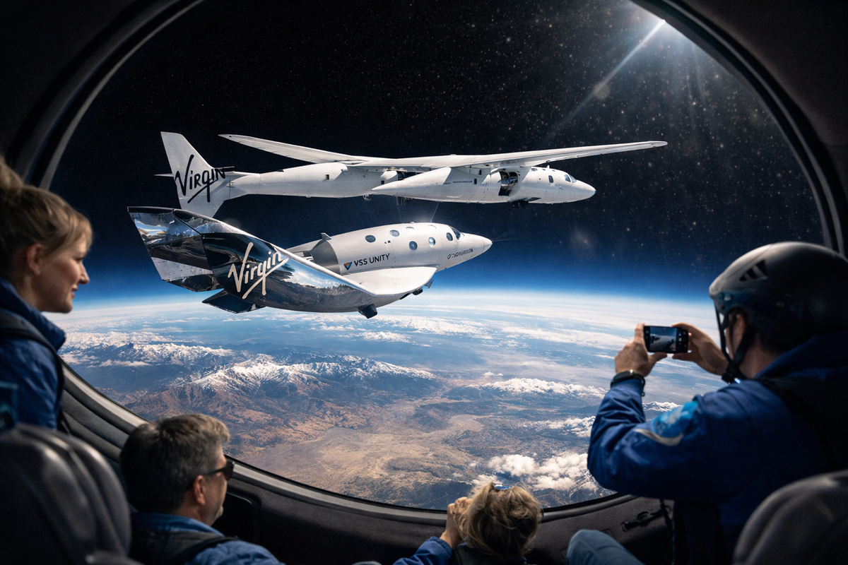 Illustration d'un vaisseau spatial Virgin Galactic en vol, symbolisant la vente vols Virgin et le tourisme spatial de luxe.
