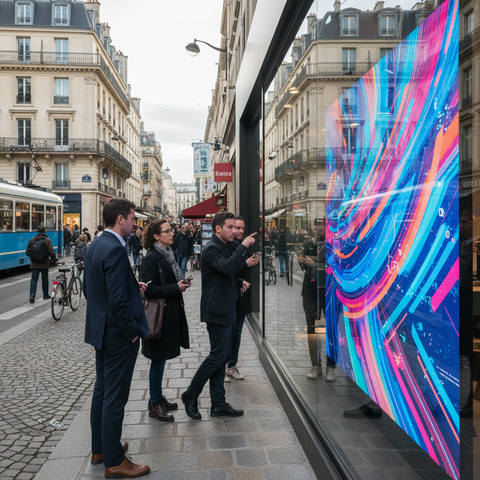 Vitrine connectée moderne d'un petit commerce de proximité, affichant des promotions dynamiques et attirant des passants dans une rue animée. Optimisé pour la recherche 'vitrine connectée commerce proximité'.
