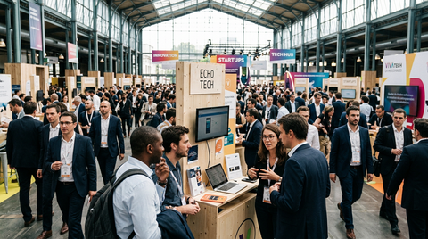 Stand de la startup VivaTech 2026 Leexi entouré de journalistes et de visiteurs lors du salon technologique.