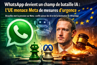 Illustration éditoriale sur un conflit UE–Meta autour de l’IA : grand logo WhatsApp à gauche, homme en costume au centre, drapeau européen en fond, robot et pièces d’échecs, marteau de juge avec étincelles. Titre : « WhatsApp devient un champ de bataille IA : l’UE menace Meta de mesures d’urgence ».