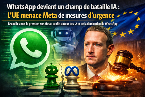 Illustration éditoriale sur un conflit UE–Meta autour de l’IA : grand logo WhatsApp à gauche, homme en costume au centre, drapeau européen en fond, robot et pièces d’échecs, marteau de juge avec étincelles. Titre : « WhatsApp devient un champ de bataille IA : l’UE menace Meta de mesures d’urgence ».