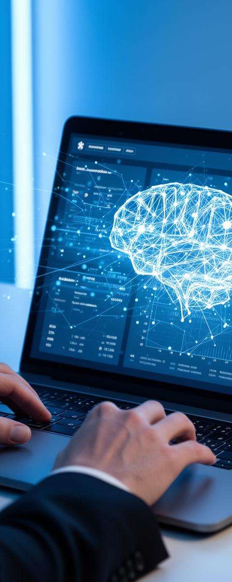Dirigeant de petite entreprise souriant devant un écran affichant des graphiques d'IA, symbolisant comment utiliser l’IA pour optimiser la gestion et la productivité en 2026.