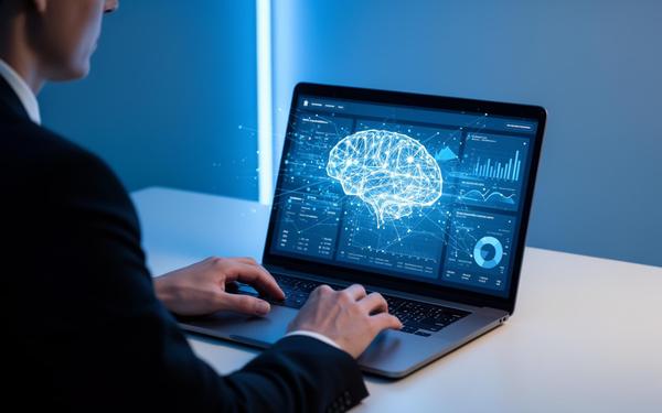 Dirigeant de PME utilisant l'intelligence artificielle sur son ordinateur portable