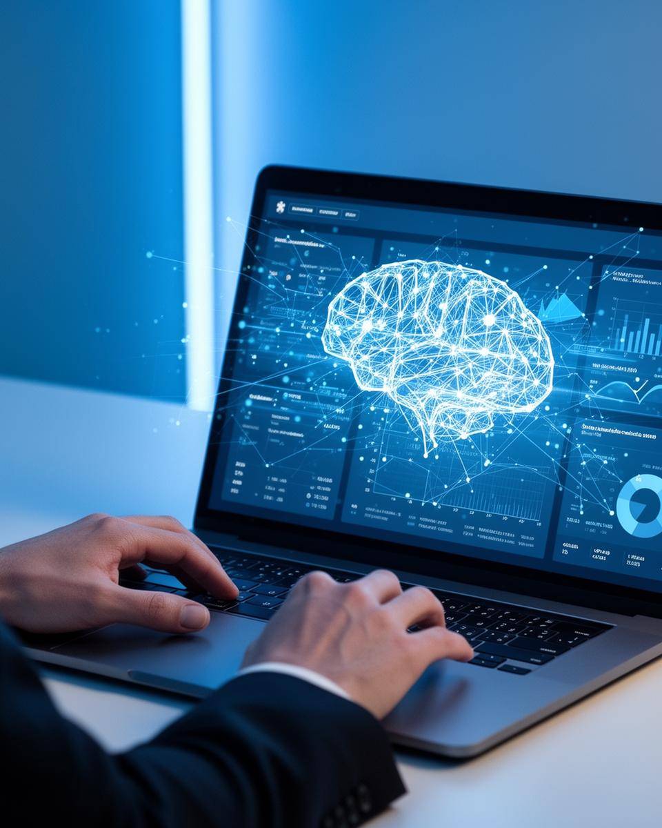 Dirigeant de petite entreprise souriant devant un écran affichant des graphiques d'IA, symbolisant comment utiliser l’IA pour optimiser la gestion et la productivité en 2026.