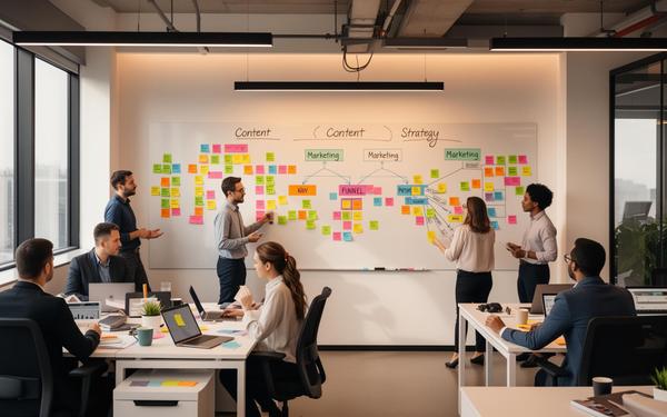 Équipe marketing travaillant sur une stratégie de contenu B2B devant un tableau blanc