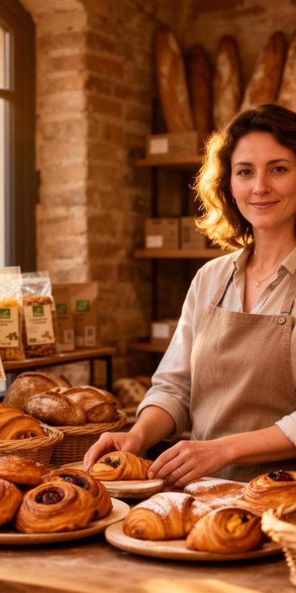 Marie Dupont dans sa boulangerie artisanale de snacking bio