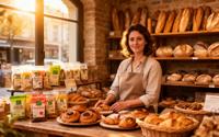 Marie Dupont dans sa boulangerie artisanale de snacking bio