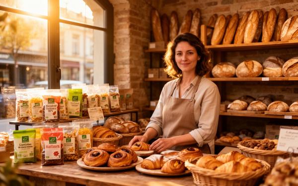 Marie Dupont dans sa boulangerie artisanale de snacking bio