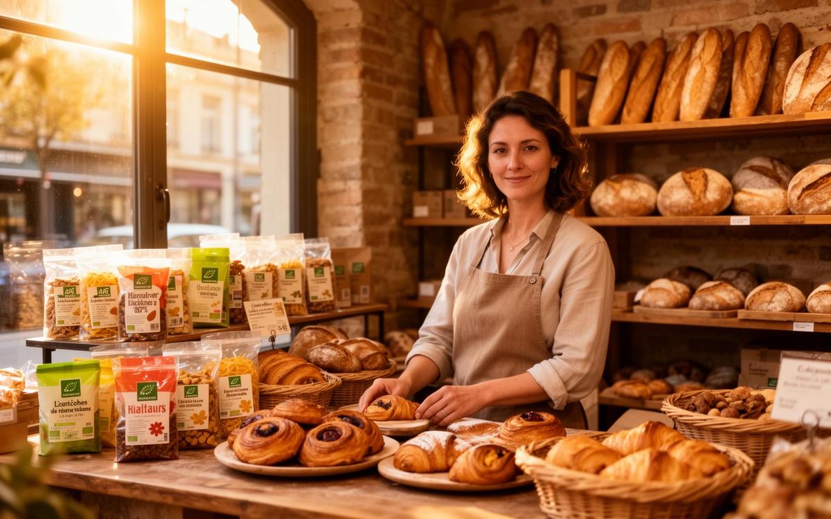 Marie Dupont dans sa boulangerie artisanale de snacking bio