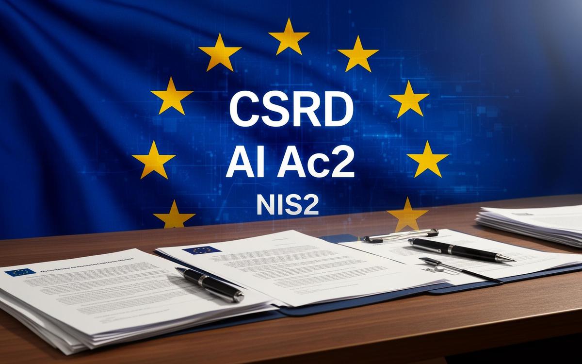 Dirigeants analysant des documents réglementaires européens