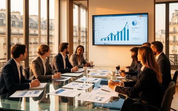 Entrepreneur présentant une stratégie de croissance dans un bureau moderne