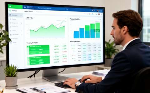Entrepreneur analysant un tableau de bord de trésorerie sur écran