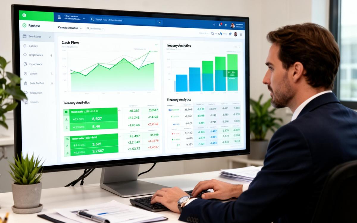 Entrepreneur analysant un tableau de bord de trésorerie sur écran