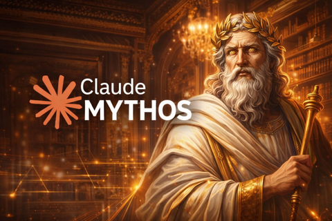 Illustration éditoriale en format paysage représentant le logo Claude à gauche et une figure inspirée d’un dieu mythologique à droite, dans un décor luxueux de bibliothèque dorée et d’architecture classique, pour symboliser la puissance, la rareté et la dimension stratégique de Claude Mythos.